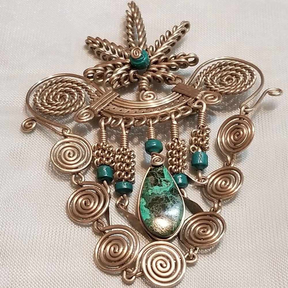 Unique Vintage Handmade Native American Silver & Turquoise Brooch